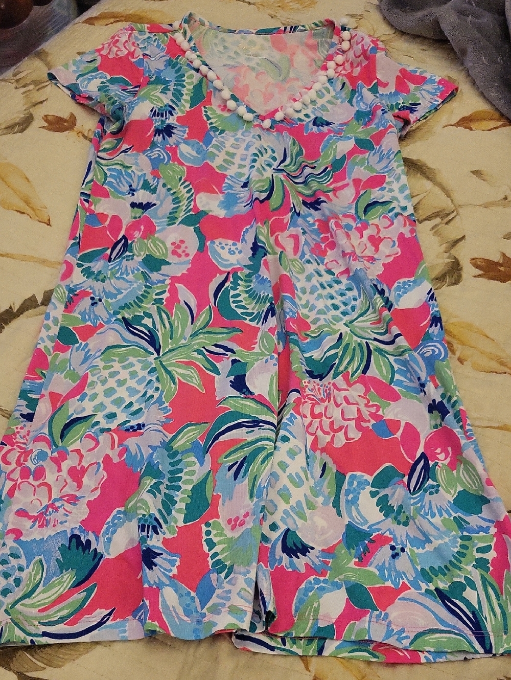 Lilly Pulitzer Pink Tropical Floral Pom-Trim Dress